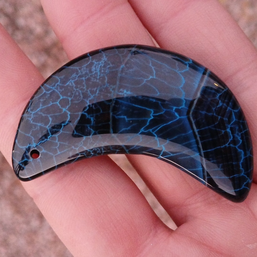 New Blue Fire Agate Carved Crescent Moon Pendant. 
